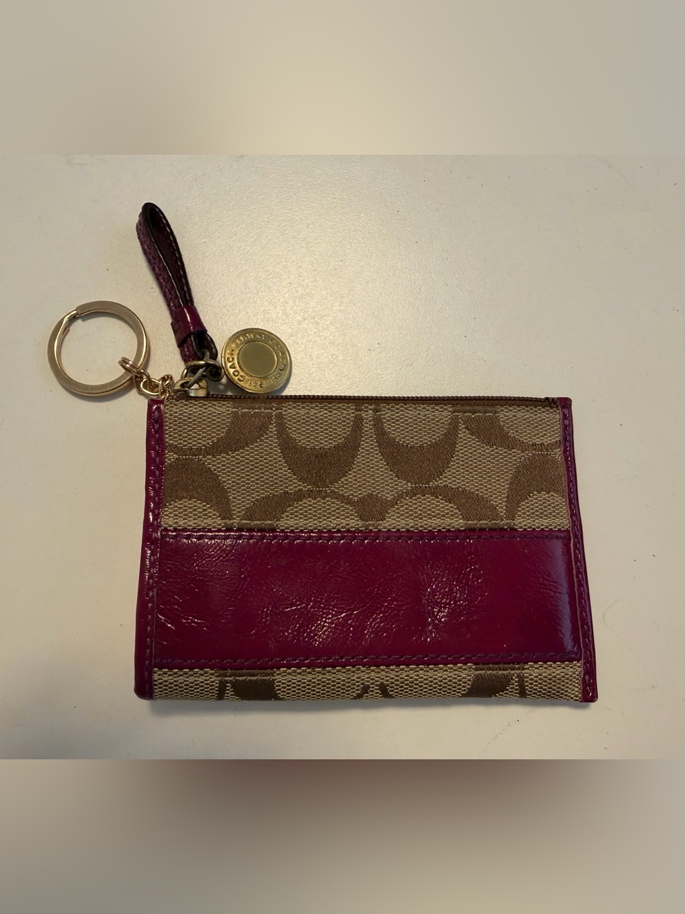 Coach Signature Canvas Card Case with Purple Patent Leather Trim